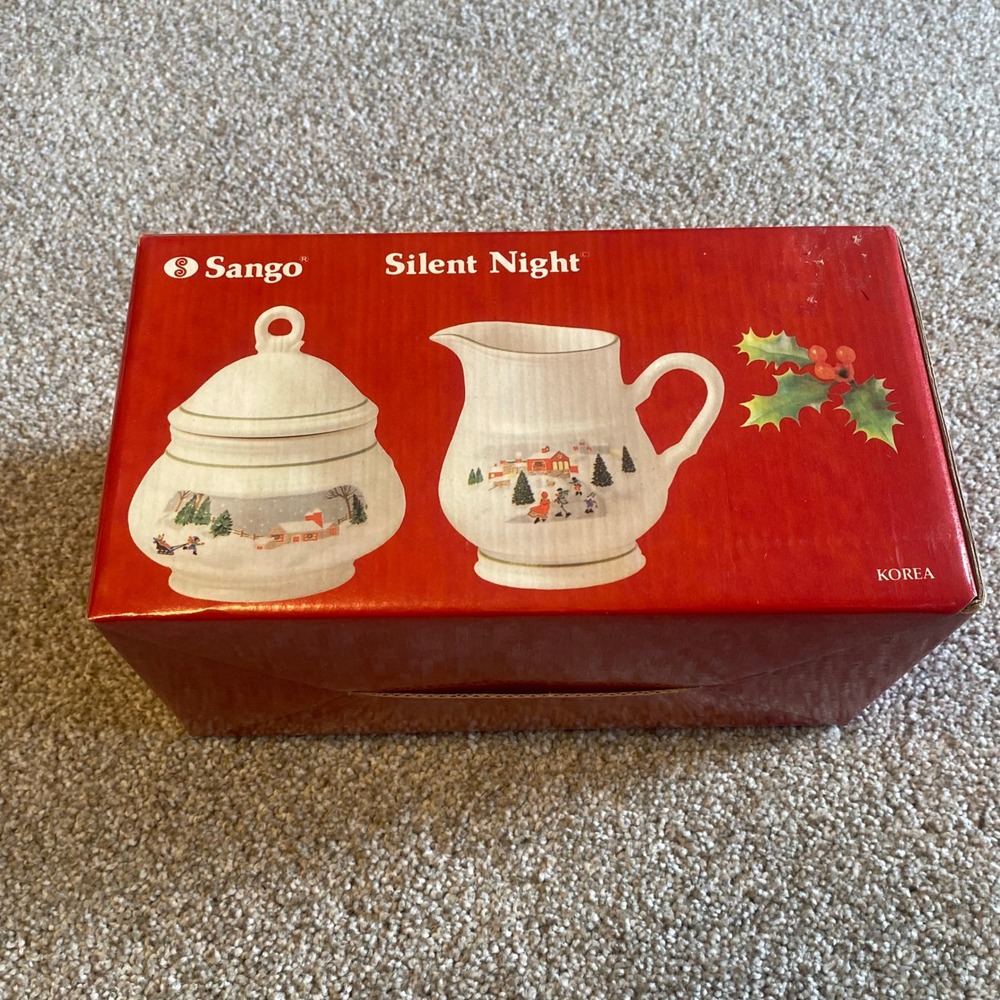 Sango Silent Night Christmas Sugar and Creamer 3 Piece Set Winter Village Korea
